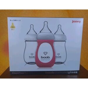 NIB Joovy Boob Diamond Glass Bottles With Pink Silicone Sleeve 3 - 8oz Bottles